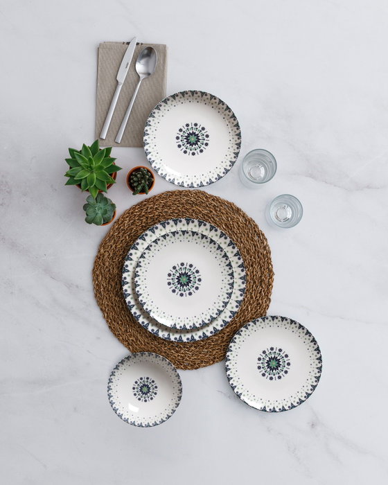 Hermia Vajilla de Porcelana de 24 Piezas en Blanco, Azul, Verde y Negro